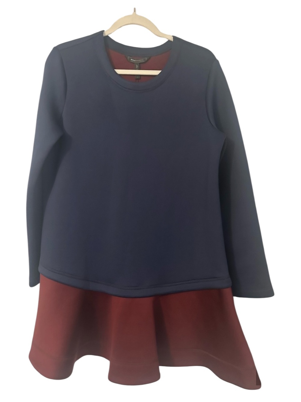 BCBGMaxAzria Navy and Burgundy Long-Sleeve Flared Hem Dress - NWT